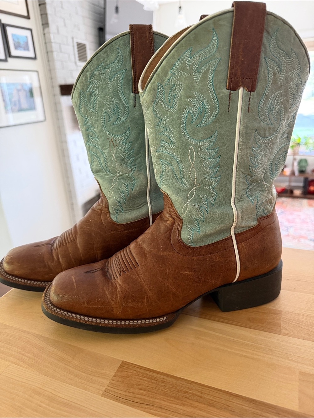 Shyanne Brown Leather & Light Teal Embroidered Western Heeled Boots
